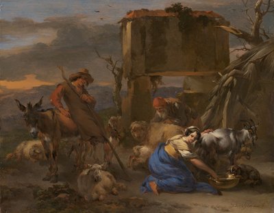 Pastoraalinen kohtaus, jossa paimentar lypsää vuohta tekijältä Nicolaes Berchem
