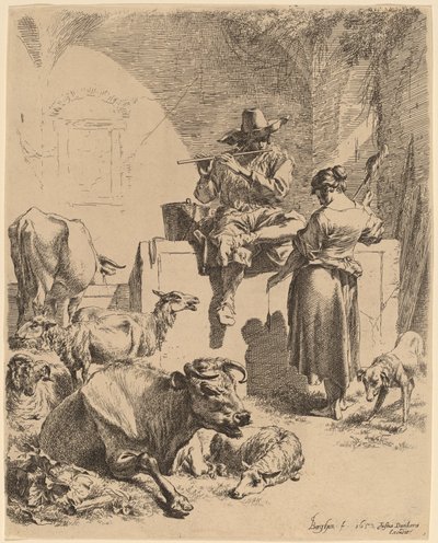 Suihkulähteen päällä istuva paimen ja kehrä, 1652. tekijältä Nicolaes Berchem