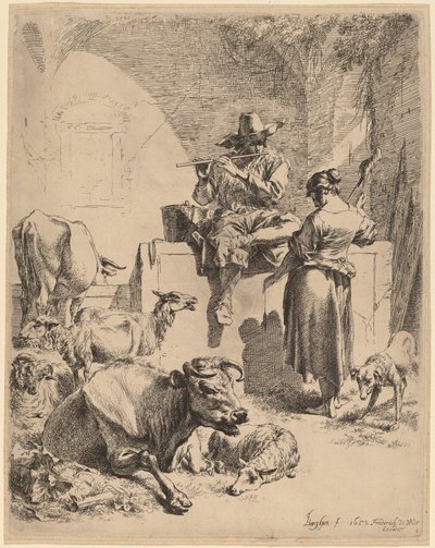 El pastor assegut en una font i el filador, 1652. finlandès tekijältä Nicolaes Berchem
