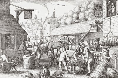 1600-luvun hollantilaiset kyläläiset valmistamassa köyttä tekijältä Nicolaes Jansz Visscher