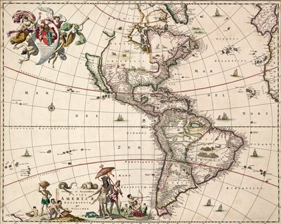 Amerikan kartta, noin 1671 (värillinen kaiverrus). tekijältä Nicolaes Jansz (1586 1652) Visscher