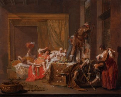 Kohtaus Messalinan ja Gaius Silliuksen häistä Messalina ja Silius ennen Claudiuksen paluuta? tekijältä Nicolaes Knüpfer