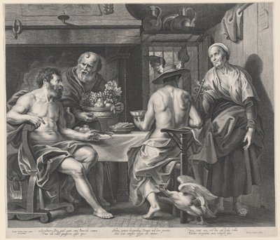 Jupiter ja Mercury viihdyttävät Philemon ja Baucis tekijältä Nicolaes Lauwers, after Jacob Jordaens