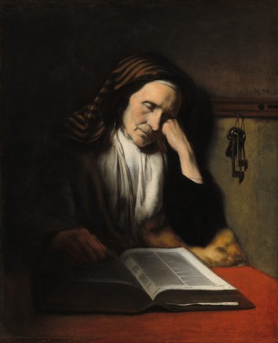 Vanha nainen torkkumassa kirjan ääressä, c. 1655. tekijältä Nicolaes Maes