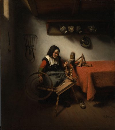 Vanha nainen kehruu tekijältä Nicolaes Maes