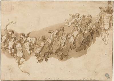 Heraldinen seppele enkelien ympäröimänä tekijältä Nicolaes Pietersz Berchem (possibly)
