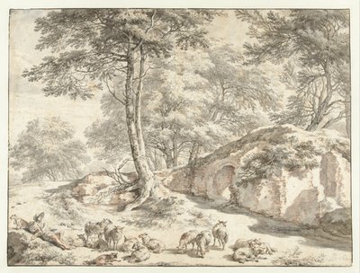 Paimen lampaiden kanssa rauniolla puiden välissä tekijältä Nicolaes Pietersz Berchem