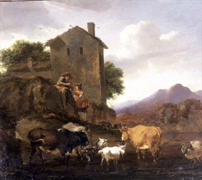 Paimenet nautakarjan ja vuohien kanssa tekijältä Nicolaes Pietersz. Berchem
