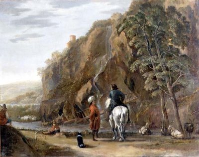 Italialaistyylinen maisema, jossa on hahmoja ja hevonen tiellä tekijältä Nicolaes Pietersz. Berchem