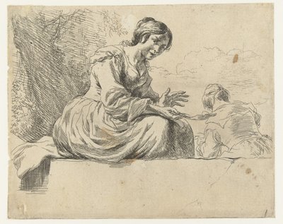 Nuori nainen istuu kivellä Lampaat (sarjan nimi) Animalia ad vivum delineata et aqua forti aeri impressa Studio et Arte Nicolai Berchemi (sarjan nimi) tekijältä Nicolaes Pietersz Berchem