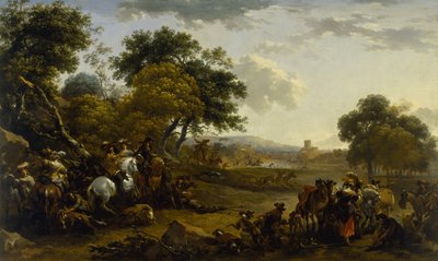 Maisema metsästäjien kanssa tekijältä Nicolaes Pietersz. Berchem