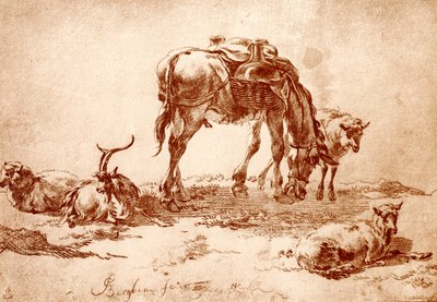 Laidun, jossa on aasi, vuohi ja lammas. tekijältä Nicolaes Pietersz. Berchem