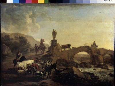 "Italialainen maisema pienellä sillalla" Nicolaes (Claes) maalaus Pietersz Berchem vanhin (1620-1683) 1656 Mitat 44,5x61 cm Eremitaaši, Pietari tekijältä Nicolaes Pietersz. Berchem