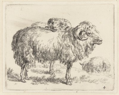 Twee rammen en een schaap Schapen (sarjan nimi) Studio and Art of Nicolai Berchem (sarjan nimi) herättää elämään ja painaa veteen voimakkaalla ilmalla eläimet tekijältä Nicolaes Pietersz Berchem