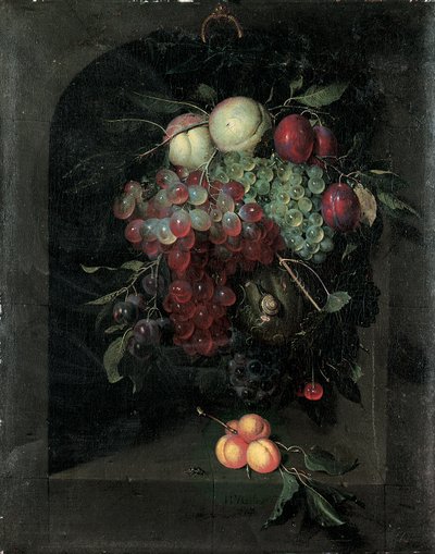 Viini rypäleitä, persikoita, luumuja ja kirsikoita etanalla kivirakossa, nippu aprikooseja ja mehiläinen kielekkeellä, 1666 tekijältä Nicolaes Van Gelder