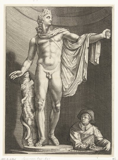 Apollo Belvedere Apollo Pythivs (otsikko esineessä) Kolme antiikkipatsasta Roomassa Goltziuksen jälkeen (sarjan nimi) tekijältä Nicolaes de Bruyn