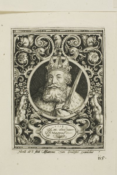Kaarle Suuri, levy seitsemän teoksesta The Nine Worthies (Yhdeksän kunniakasta) tekijältä Nicolaes de Bruyn