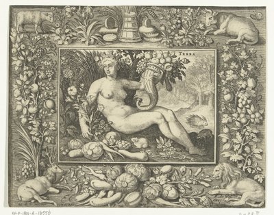 Element Earth alaston naisena runsaudensarvi Terra (otsikko esineessä) The Four Elements (sarjan nimi) tekijältä Nicolaes de Bruyn