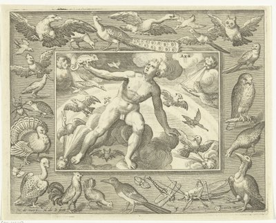 Ilman elementti nuorena miehenä pilvien päällä lentävien lintujen välissä Aer (otsikko esineessä) The Four Elements (sarjan nimi) tekijältä Nicolaes de Bruyn