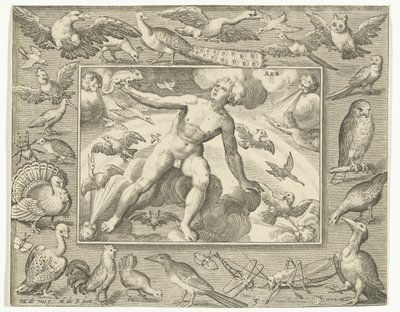 Ilmaelementti nuorena miehenä pilvien päällä lentävien lintujen välissä Aer (otsikko esineessä) The Four Elements (sarjan nimi) tekijältä Nicolaes de Bruyn