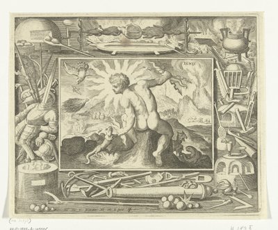 Tulen elementti nuorena miehenä salamavaloilla Ignis (otsikko esineessä) The Four Elements (sarjan nimi) tekijältä Nicolaes de Bruyn