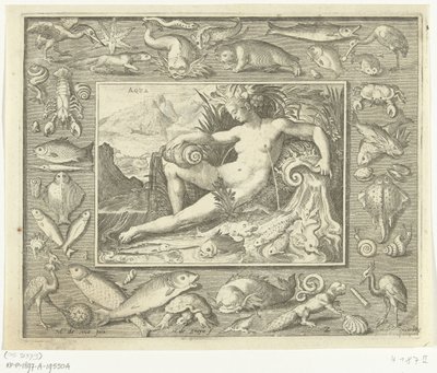 Elementti vettä naisena kaivossa kalan kanssa Aqua (otsikko esineessä) The Four Elements (sarjan nimi) tekijältä Nicolaes de Bruyn