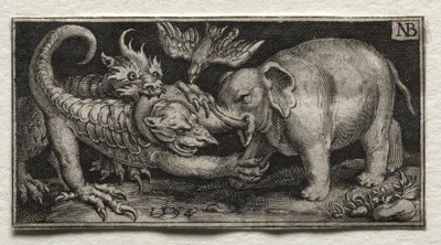 Elephant Fighting Two Beasts, 1594. tekijältä Nicolaes de Bruyn