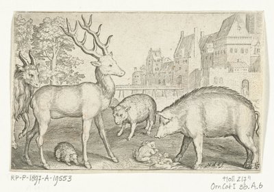 Hirvi, siili, lammas, sammakko ja sika Animalivm qvadrvpedvm (sarjan nimi) Eläimet maisemissa (sarjan nimi) tekijältä Nicolaes de Bruyn