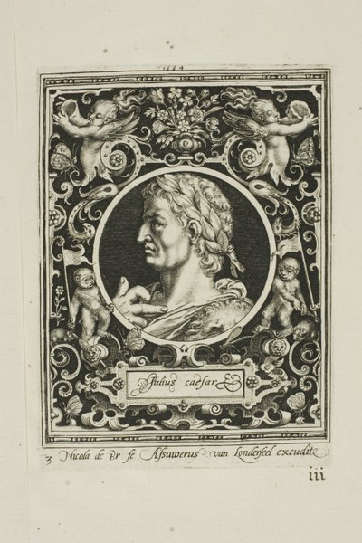 Julius Caesar, kolmoslaatta teoksesta The Nine Worthies (Yhdeksän arvokasta). tekijältä Nicolaes de Bruyn