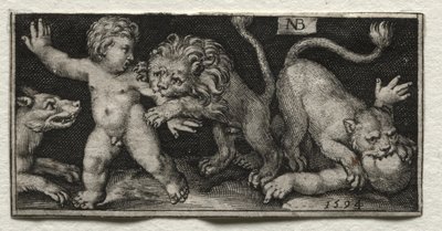 Lionit hyökkäävät lapsiin, 1594. tekijältä Nicolaes de Bruyn