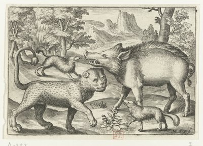 Leopardi, villisika ja kaksi koiraa Animalivm qvadrvpedvm (sarjan nimi) Eläimet maisemissa (sarjan nimi) tekijältä Nicolaes de Bruyn