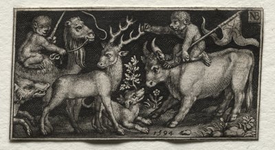 Apinat ratsastavat kamelilla ja härällä tekijältä Nicolaes de Bruyn
