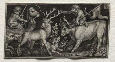 Apinat kamelin ja härän selässä, 1594. tekijältä Nicolaes de Bruyn
