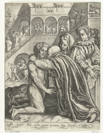 Tuhlaajapojan kotiinpaluu Filio habet conuiuia laeta Reuerso (otsikko esineessä) Tale of the Prodigal Son (sarjan nimi) tekijältä Nicolaes de Bruyn