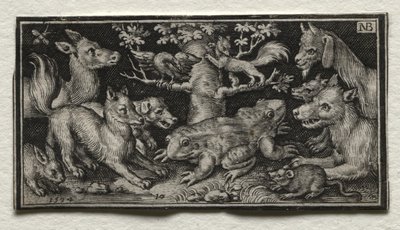 Kaksipäinen sammakko eläinten ympäröimänä, 1594. tekijältä Nicolaes de Bruyn
