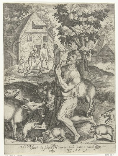 Tuhlaajapoika sikapaimena Pasceret vt siliquis ventrem täyttää pascere porcos (otsikko esineessä) Tale of the Prodigal Son (sarjan nimi) tekijältä Nicolaes de Bruyn