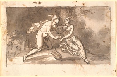Hermes opettaa nuoren miehen (Apollo ?) soittamaan huilua tekijältä Nicolai Abildgaard