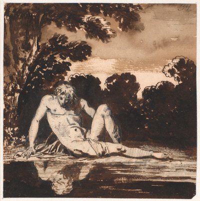 Hyachinthos, Apollon nuorukainen, Narcissus, lepäämässä puron rannalla tekijältä Nicolai Abildgaard