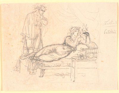 Lesbia ja Catullus. Lesbia makuuasennossa pitäen lintua vasemmassa kädessään. Catullus seisoo takana tekijältä Nicolai Abildgaard