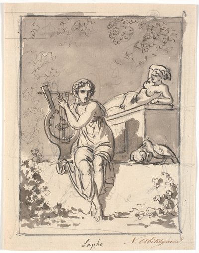 Sappho istuu lyyransa kanssa taustalla hermafrodiitti tekijältä Nicolai Abildgaard