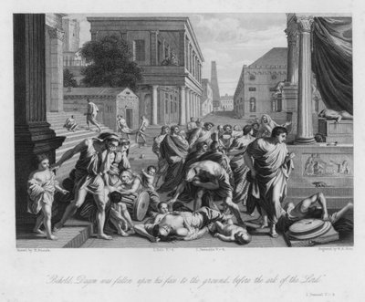Dagonin lankeemus, I Samuel V, 4 (kaiverrus) tekijältä Nicolas (after) Poussin