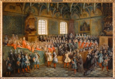 Tuomioistuimen (Lit de Justice) istunto, pidetty parlamentissa 22. helmikuuta 1723 ... tekijältä Nicolas (attr. to) Lancret