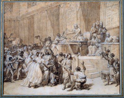 Ranskan vallankumous: Kansallinen konventti määrää orjuuden lakkauttamisesta siirtomaissa 4.2.1794 (16 Pluviose An II) Pariisissa. Mustepiirustus Nicolas Andre Monsiau (1754-1837) Su. 0,26x0,33 m Pariisi, Musee Carnavalet tekijältä Nicolas Andre Monsiau