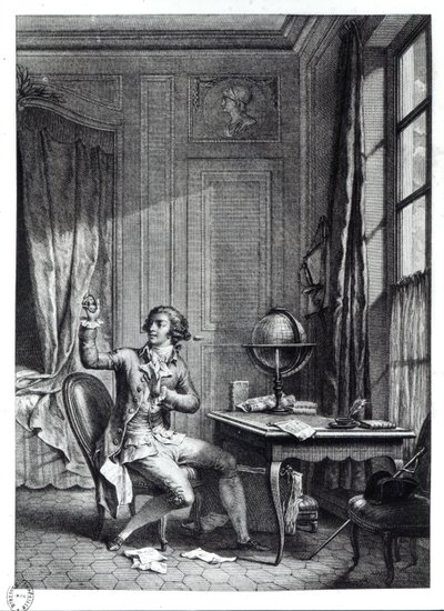 St. Preux vastaanottamassa Julien muotokuvaa, kuvitus Jean-Jacques Rousseaun (1712-78) La Nouvelle Heloise -teoksesta tekijältä Nicolas Andre Monsiau