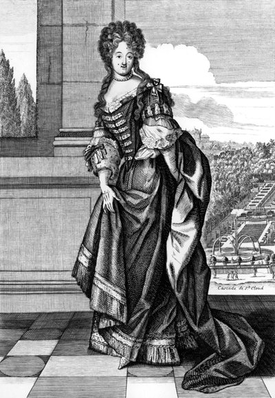 Elisabeth Charlotte Baijerista (1652-1722), lempinimeltään Liselotte, Pfalzin prinsessa, vuonna 1671 hänestä tuli Orleansin herttuatar, herttua PhilippeOfOrleansin toinen vaimo, N. Arnoultin kaiverrus Dieun mukaan. tekijältä Nicolas Arnoult
