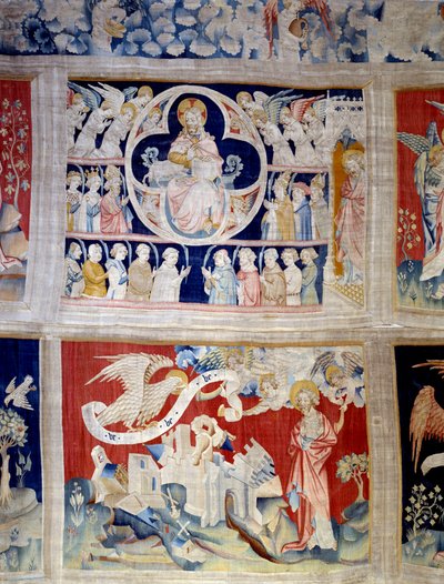 Ilmestyksen esirippu (1373-1383), n. 13: Jumala ja Karitsa, Kristuksen symboli. Alla, n. 20, kolme enkeliä vapauttavat voimat. Nicolas Bataillen kuvakudos (1330-1405) tekijältä Nicolas Bataille
