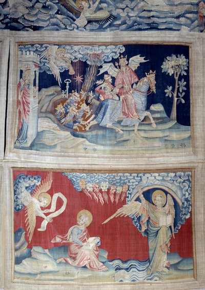 Ilmestyskirjan ripustus (1373-1383), n. 24: viides trumpetti: avain vapauttaa heinäsirkat. Alla, n. 27, kirjan enkeli ilmestyy Pyhälle Johannekselle, joka kirjoittaa jumalallisen viestin seitsemän väriaineen ääneen. Nicolas Bataillen kuvakudos (133 tekijältä Nicolas Bataille