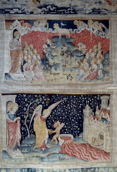 Ilmestyskirjan ripustus (1373-1383), n. 47: Karitsa Siionin vuorella. Alla, n. 55, Enkeli poimii maan viiniköynnöksen, joka vuodatti Jumalan vihan suureen altaaseen, altaa vuotaa yli ja veri palaa takaisin. Nicolas Bataillen kuvakudos (1330-1405) tekijältä Nicolas Bataille