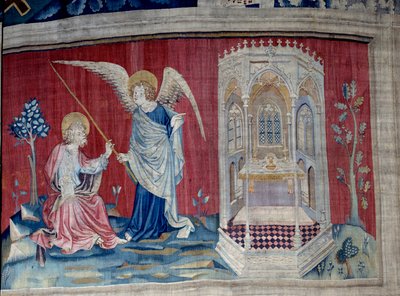Ilmestyskirjan ripustus (1373-1383), n. 27: Pyhä Johannes ja enkeli. Nicolas Bataillen kuvakudos (1330-1405) tekijältä Nicolas Bataille