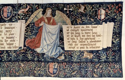 Ilmestyskirjan ripustus (1373-1383), enkelit kantoivat kärsimyksen välineitä. Nicolas Bataillen kuvakudos (1330-1405) tekijältä Nicolas Bataille